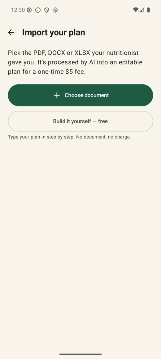 Android import screen with free manual option