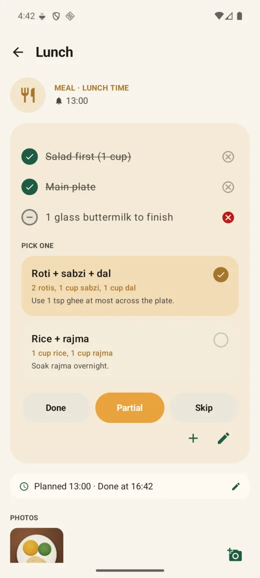 Android meal detail with checklist and options