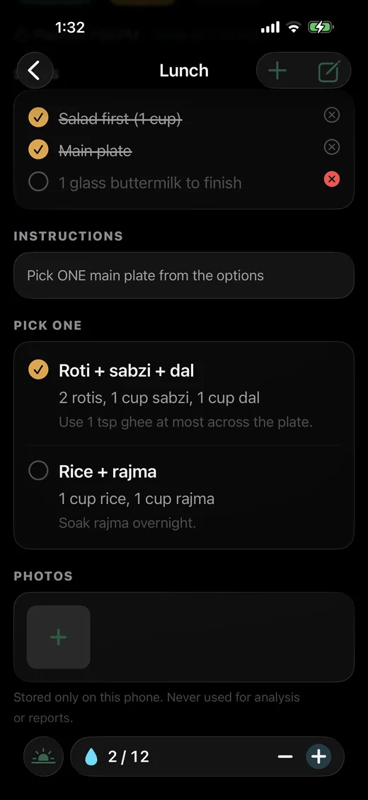 A meal checklist with done and skipped steps and a photo slot