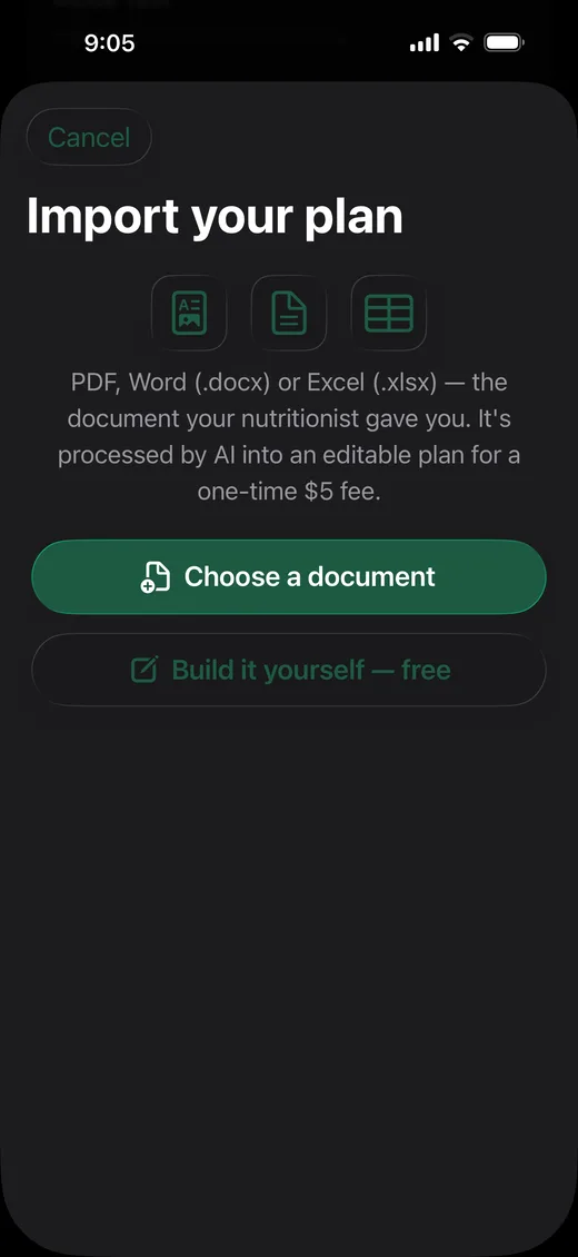 Import screen for PDF, Word or Excel plans