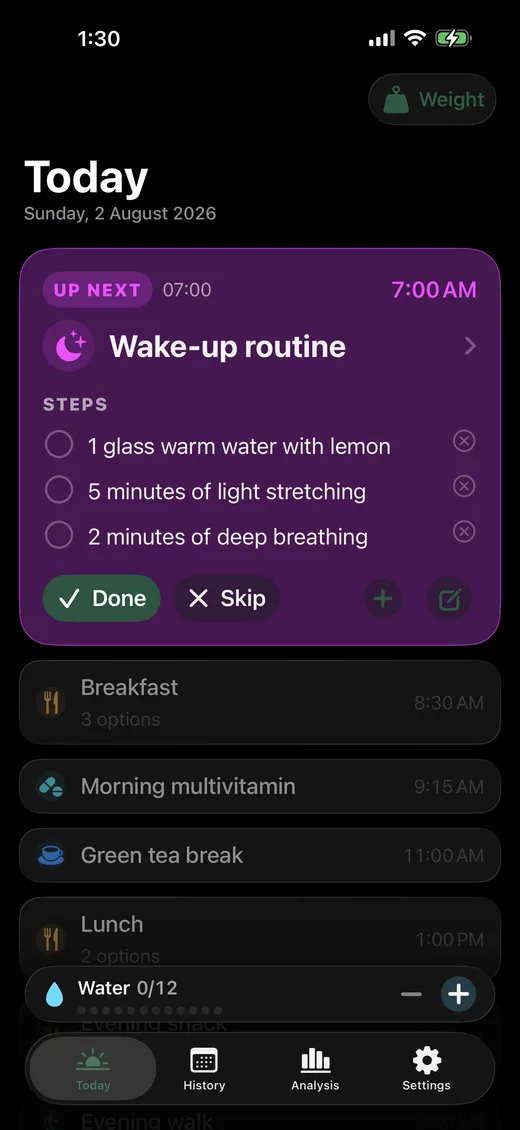 Today screen with the current step highlighted